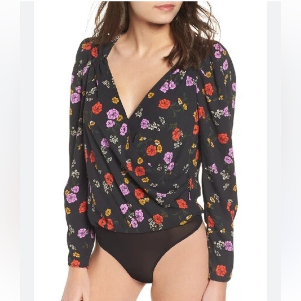 ASTR The Label Floral Print whimsigoth romantic sheer Faux Wrap Bodysuit